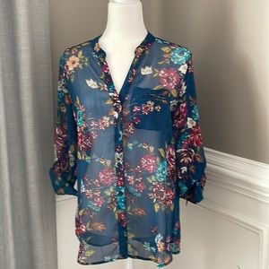 Kut From the Cloth Blue Floral Print Button Up Top Semi-Sheer Size M